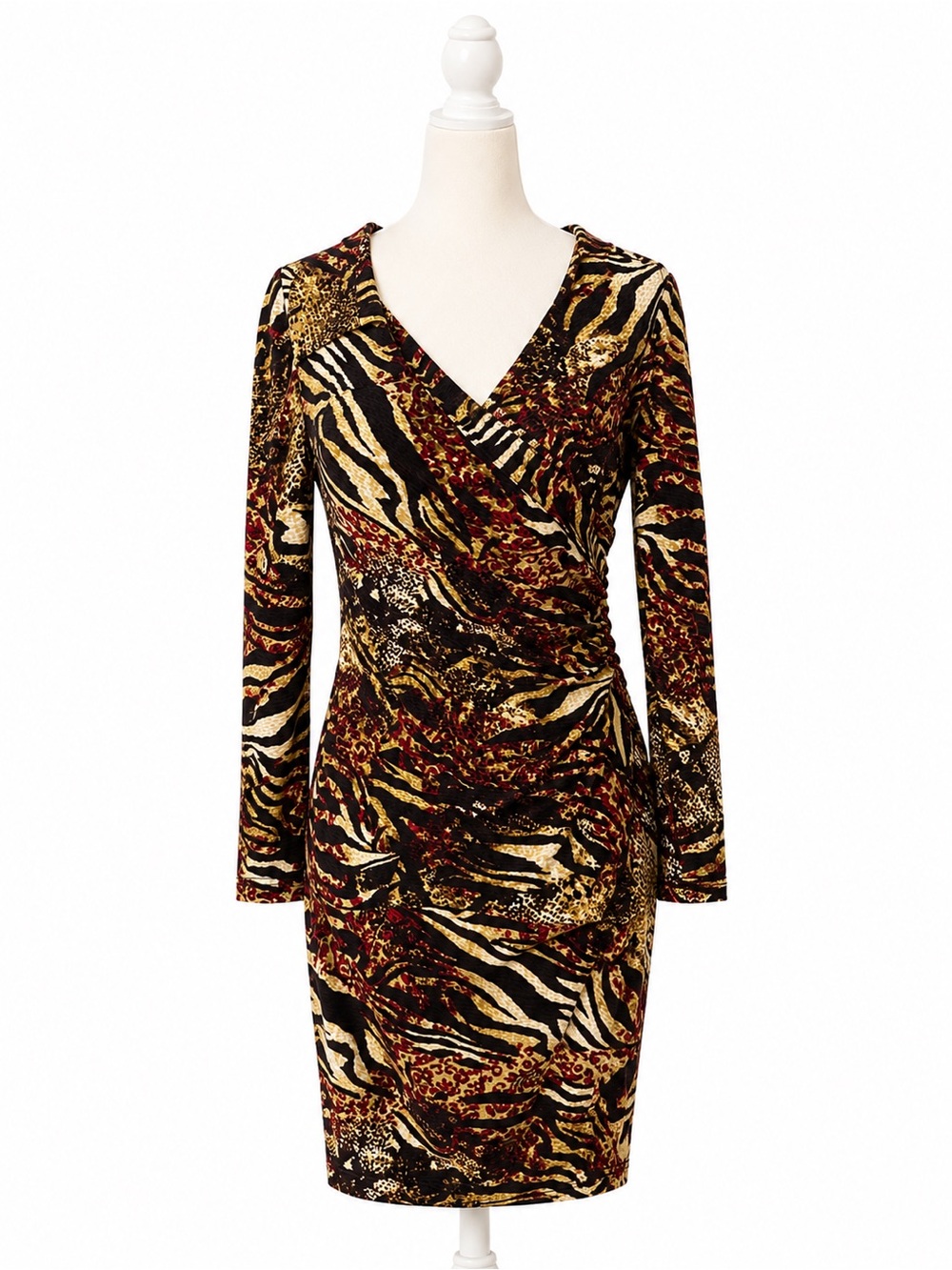 Jones New York Dress Women’s Size 6 Animal Print Faux Wrap Ruched Long Sleeve